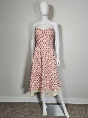 Cake Strapless Pink-Red Floral Midi Dress with Cream Hem Sz S